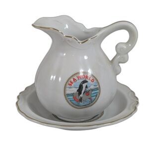 Vintage 1974 Sea World Japan Porcelain Pitcher & Bowl Set Orca Gold Trim